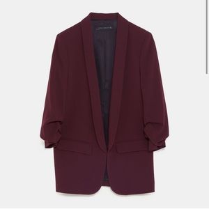ZARA RUCHED SLEEVE BLAZER & HIGH WAISTED CULOTTES - BURGUNDY SUIT SET